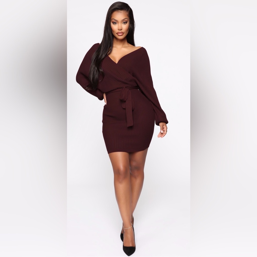 Lovetree Wine Ribbed Sweater Dress Size Small Removable Tie